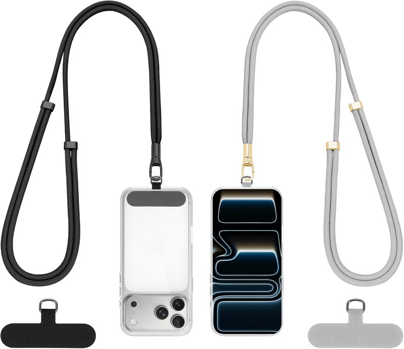 Dadanism Phone Lanyard 2 Pack, 2x Adjustable Crossbody Phone Strap, 2x Tether Tab, Anti-theft Universal Cellphone Multifuctional Patch Lanyards for iPhone & Most Smartphones, Black + Silver Gray - Image 1